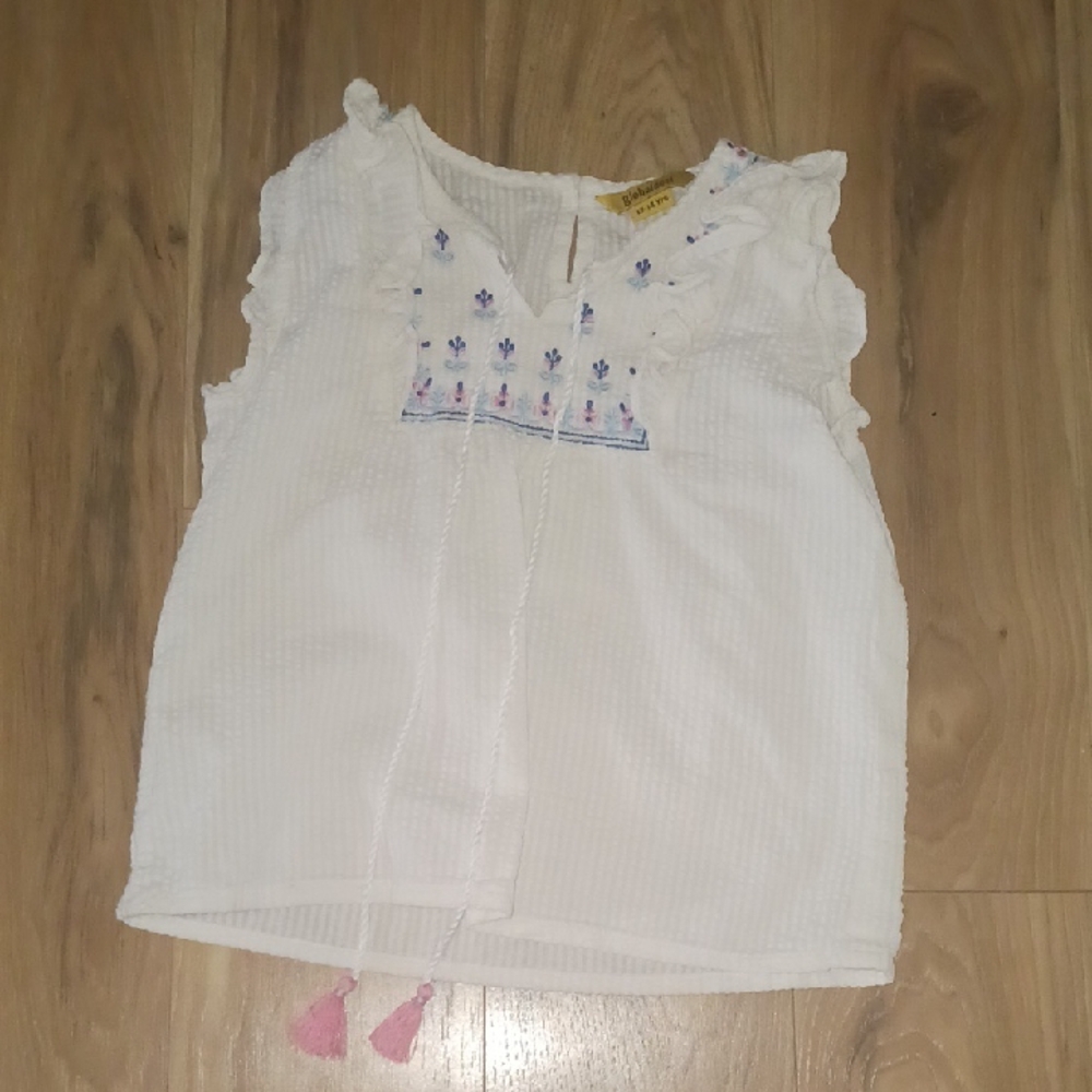 🐞10 for 13❗️SALE❗️Global Desi White Kids Top with Pink and Blue Embroidery